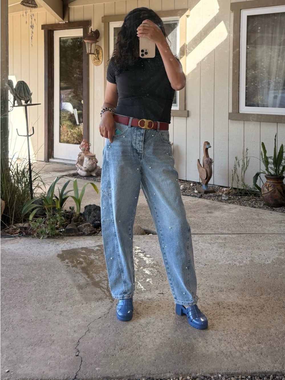 Habitual Light Blue Denim high rise barrel cropped Jeans with Pearl Dots